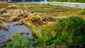 Makassar - June 10, 2022: Abandoned small excavator in Central Point of Indonesia project area