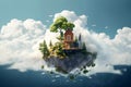 a small fabulous island with a house and trees hovers in the middle of the sky Royalty Free Stock Photo