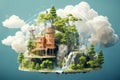 a small fabulous island with a house and trees hovers in the middle of the sky Royalty Free Stock Photo