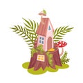 Fairy house with mushroom chimney. Vector illustration on a white background. Royalty Free Stock Photo