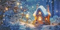 small fairy tale cottage in a winter snow covered forest, Christmas background with Miniature paper house