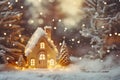 small fairy tale cottage in a winter snow covered forest, Christmas background with Miniature paper house