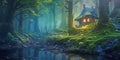 small fairy tale house in dark fantasy forest, miniature woodland cottage made by gnomes and trolls