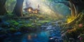 small fairy tale house in dark fantasy forest, miniature woodland cottage made by gnomes and trolls