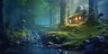 small fairy tale house in dark fantasy forest, miniature woodland cottage made by gnomes and trolls Royalty Free Stock Photo