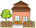 Small Fairy-tale house with nice green court yard and wooden fence, illustration