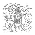 A small fairy-tale house and the night sky. The page of the coloring book. Vector illustration Royalty Free Stock Photo