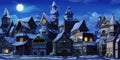 Small Fairy Tale Town Winter Night with Snow Royalty Free Stock Photo