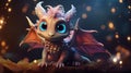 A small fairytale beautiful dragon with wings and big blue eyes.