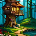 Small fairytale tree house in the dark woods