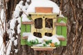 Small fairytale wooden house in a tree in a park in winter Royalty Free Stock Photo