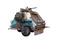 Small fantasy post apocalyptic 3 wheeler car armed with guns. 3D rendering isolated on white