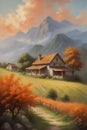 A small farm house with a mountain at the background, tree, grass, plants, soft orange sky, village view, vintage oil painting Royalty Free Stock Photo