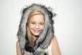 Small fashionista. Small girl wear winter hat scarf. Winter fashion trends for kids. Happy child smile in fashion style
