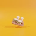 Small fast-food hamburger and hot dog on yellow background 3d icons restaurant. illustration.