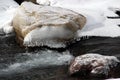 Small fast mountain river winter snow on the shore Royalty Free Stock Photo