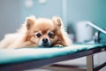 Small Pomeranian dog lying down on examination table at vet clinic. Generative AI