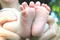 Small feet baby holds his mother in her hands