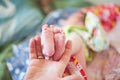 Small feet of newborn baby in female hand Royalty Free Stock Photo