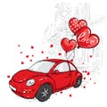 A small female car with balls in the shape of a heart.
