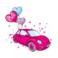 A small female car with balls in the shape of a heart. Vector illustration for a postcard or a poster.