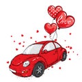 A small female car with balls in the shape of a heart. Vector illustration for a postcard or a poster.