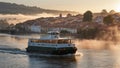 Small ferry glides through river mist as sun breaks over distant tiled roofs Royalty Free Stock Photo