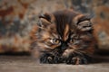 A small, fierce-looking kitten with strikingly patterned fur and captivating eyes