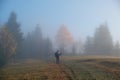 Small figure of lonely hiker enjoying his time on wild forest trail on foggy autumn day