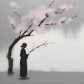 A small figure with a pink cherry blossom. AI-Generated.