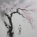 A small figure with a pink cherry blossom. AI-Generated.