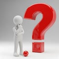 Small figure ponders big red question mark symbol thinking deeply Royalty Free Stock Photo
