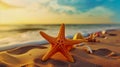 Small figure of starfish in the sand on the background of beach and sea