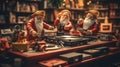 AI Generated. Small figures of cute Santa Clauses in funny glasses and hats stand around a vinyl record player.