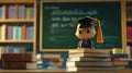 A small figurine of a graduate stands on a stack of books in a classroom filled with educational materials and a Royalty Free Stock Photo