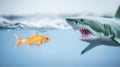 Goldfish facing open mouthed great white shark in blue water, representing bravery against overwhelming threat Royalty Free Stock Photo