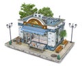 Small fish market building in blue and white tones