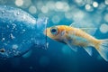 Small fish with plastic bottle waste in ocean or river Royalty Free Stock Photo