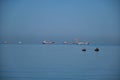 Small Fisherman Boat in the Sea. A small fisherman boat floating on the sea near the seashore with Cargo ship background