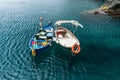 Small fisherman boats in mediterranean sea at Manarola pier, Cinque Terre, Italy Royalty Free Stock Photo