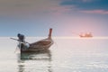 Small fishing boat abandon in ocean skyline Royalty Free Stock Photo