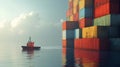 A small fishing boat approaches a larger vessel its deck stacked with brightly colored containers used to transport Royalty Free Stock Photo