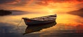 Small fishing boat moored at the edge of a quiet lake. Landscape with sunset.