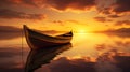 Small fishing boat moored at the edge of a quiet lake. Landscape with sunset.