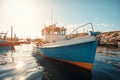 Small fishing boat moored in port during sunset