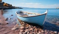 Small fishing boat moored at tranquil waters edge, nautical adventure generated by AI Royalty Free Stock Photo