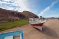 Small fishing boat / ponga at Punta Lobos beach on the coast of Baja California Mexico Royalty Free Stock Photo