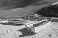 Small fishing boat / ponga at Punta Lobos beach on the coast of Baja California Mexico - black and white Royalty Free Stock Photo