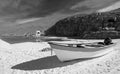 Small fishing boat / ponga at Punta Lobos beach on the coast of Baja California Mexico - black and white Royalty Free Stock Photo