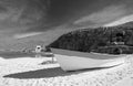 Small fishing boat / ponga at Punta Lobos beach on the coast of Baja California Mexico - black and white Royalty Free Stock Photo